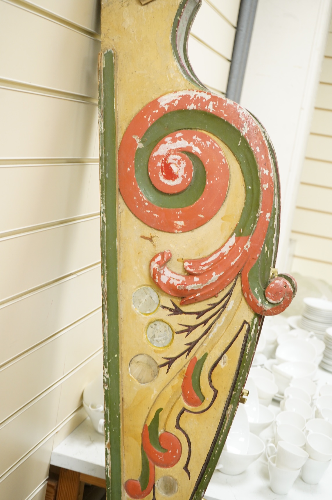 A painted wood carousel rail with light fittings, 185cm high
